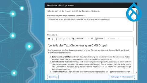 Screenshot der Text-Generierung im CK-Editor mit KI-Symbolhintergrund und Drupal-Logo