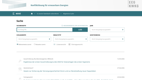 Screenshot der Such-Seite von www.clearingstelle-eeg-kwkg.de/suche