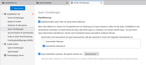 Screenshot Thunderbird Spam-Einstellungen